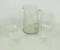 Early 20th Century etched glass water jug and a pair cut glass sherry glasses (3)