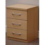 Beech finish three drawer bedside chest, W40cm, H54cm,