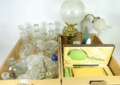 Edwardian cut glass decanter, another cut glass decanter, Victorian moulded glass pedestal bowl,