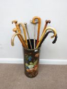 Ten walking sticks and stick stand hand painted with flowers,