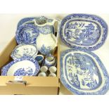 Large 19th Century blue and white jug, three willow pattern meat plates,