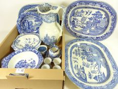 Large 19th Century blue and white jug, three willow pattern meat plates,