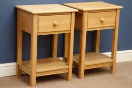 Pair pine bedside tables, single drawer and undertier, W45cm, D66cm,