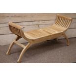 Curved x-framed solid teak bench, W121cm Condition Report <a href='//www.