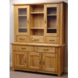 Oak kitchen dresser, six drawers and three cupboards, raised display cabinets and plate rack,