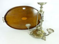 Edwardian mahogany inlaid serving tray and a 19th/ early 20th Century silver plated centre piece