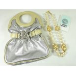 Versace silver metallic and taupe Leather buckle handbag and a vintage Versace oversize simulated