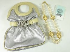 Versace silver metallic and taupe Leather buckle handbag and a vintage Versace oversize simulated