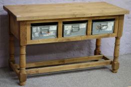 Traditional waxed pine kitchen dresser base, with three vintage metal slides,