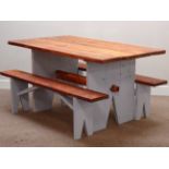 Rectangular stained pine table with painted end supports (150cm x 85cm, H76cm),