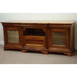 Large French style cherry wood break front sideboard, two cupboards and drawer, W219cm, H90cm,
