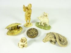 Decorative Anabori-Netsuke, Bone elephant on onyx base, crocodile, shell sculpture,