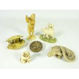 Decorative Anabori-Netsuke, Bone elephant on onyx base, crocodile, shell sculpture,