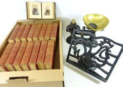 Set of kitchen scales with weights, cast iron cook book stand,
