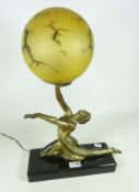 Art Deco table lamp of cast metal figure of a dancer on polished stone base with mottled glass