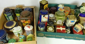Vintage storage tins and traditional style tins including Harrods and others in two boxes