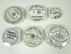 Victorian pot lids; Jewsbury & Brown Oriental Toothpaste, Crown Perfumery Co Cold Cream, Maw.
