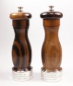 Pair of hardwood salt and pepper grinders with hallmarked silver mounts 15cm Condition