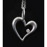 White gold heart shaped pendant set with a diamond on chain stamped 925 Condition Report