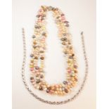 Freshwater multi-coloured pearl three strand necklace and a chain necklace Condition