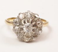 Mid 20th century diamond cluster yellow gold ring stamped 18ct plat Condition Report