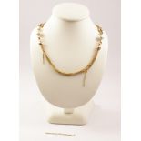 Hallmarked 9ct gold chain necklace interspersed with two pearls approx 13.