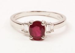 18ct white gold oval ruby and baguette diamond shoulder ring hallmarked Condition Report