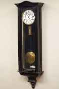 Late 19th century Vienna regulator wall clock in ebonised wood case, white enamel dial,