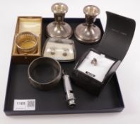 Pair of silver dwarf candlesticks, napkin ring and hinged bangle all hallmarked, pair cuff-links,