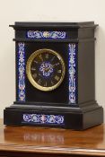 Victorian black slate mantel clock, French style painted porcelain panels,