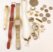 Costume jewellery, Raymond Weil and Seiko wristwatches, silver pre 1947 coins,