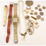 Costume jewellery, Raymond Weil and Seiko wristwatches, silver pre 1947 coins,