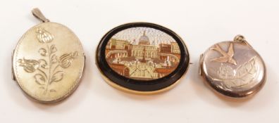 Micro mosaic brooch depicting the Vatican and two hallmarked silver lockets Condition
