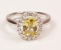 Radiant cut yellow sapphire and diamond cluster white gold ring hallmarked 18ct Condition