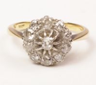 Mid 20th century diamond cluster yellow gold ring stamped 18ct plat Condition Report