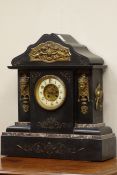 Large Victorian black slate mantel clock, engraved gilt decoration, half hour striking on a coil,