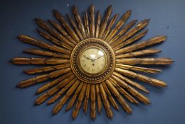 Early 20th century Gilt wood & gesso sunburst wall clock, brass Japy Freres keywind movement No.
