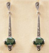 Pair green tourmaline and marcasite pendant ear-rings stamped 925 Condition Report