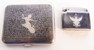 Siamese silver niello cigarette case stamped sterling Siam and Ronson Adonis lighter no 621570 the