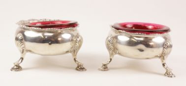 Pair George II silver salts London 1757 with later cranberry glass liners approx 5oz