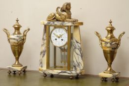 20th century French gilt metal and marble clock garniture, painted enamel dial, gilt sphinx figure,
