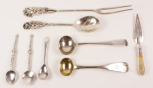 Hallmarked silver bookmark in form of a trowel, Scottish mustard spoons,
