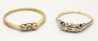 Mid 20th century three stone diamond ring stamped 18ct plat and a similar diamond ring