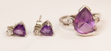 Amethyst and diamond white gold ring and pair ear-rings ensuite stamped 375 Condition