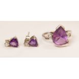 Amethyst and diamond white gold ring and pair ear-rings ensuite stamped 375 Condition