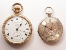 Gold-plated pocket watch by Lancashire Watch Co Ltd Prescot England and an enamel faced pocket