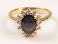 Sapphire and diamond cluster ring stamped 750 Condition Report <a href='//www.