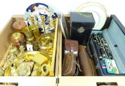 Brassware, flute parts in case, Victorian Masons Ironstone plate,
