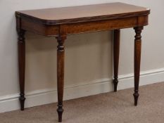 Early Victorian mahogany tea table, fold over top with rounded corners, on turned supports,