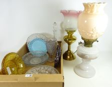 Victorian and later moulded glass including commemorative plates, cut glass decanter etc,